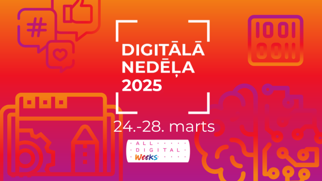Digitālās nedēļas 2025 logotips ar stilizētiem grafiskiem zīmējumiem uz oranža fona
