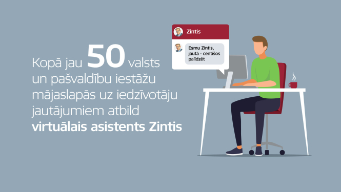 Zīmēts attēls ar cilvēku pie galda un datoru, kurā atveras logs ar virtuālo asistentu