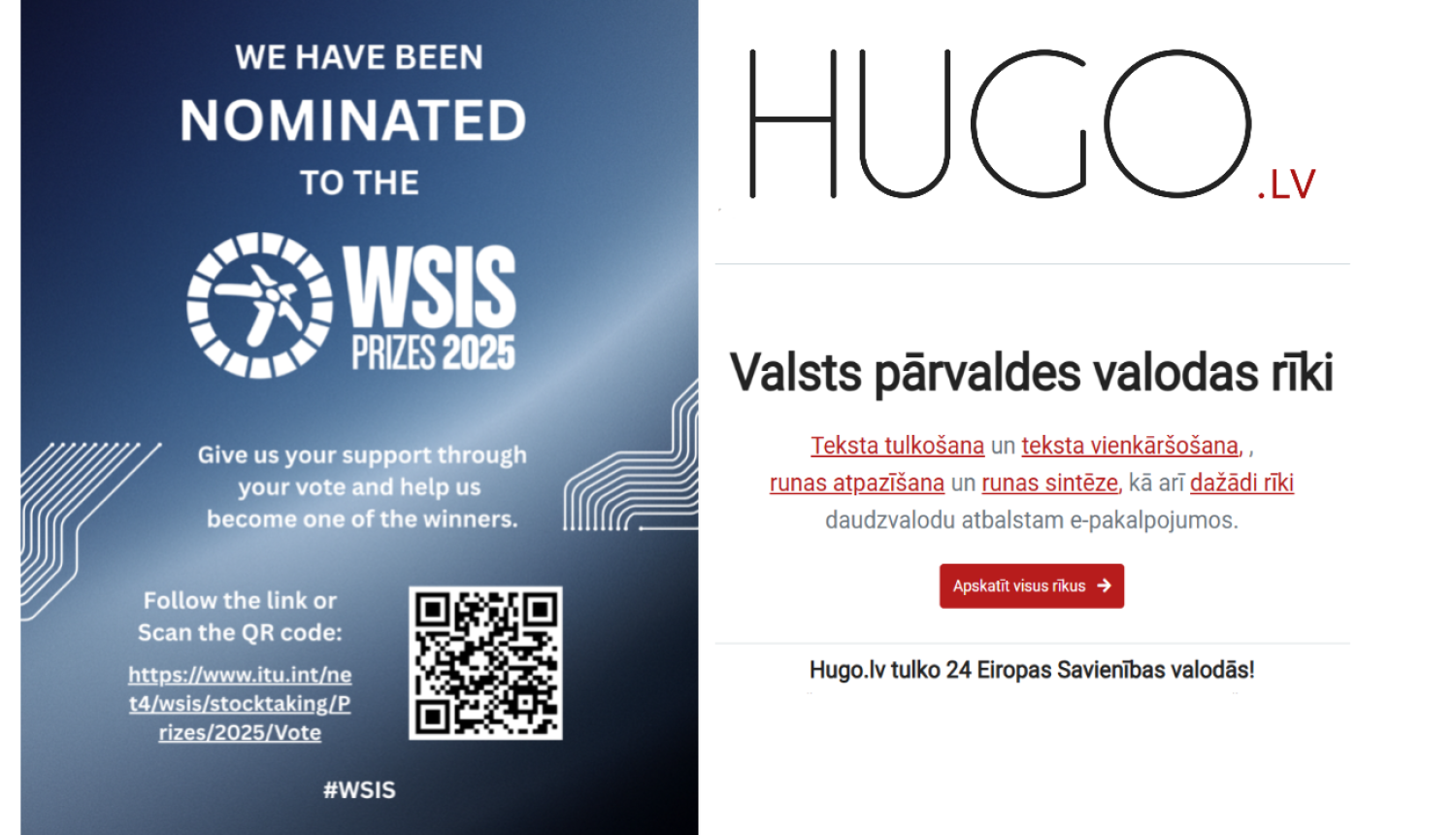 WSIS balvas aicinājums balsot kreisajā pusē un Hugo.lv logo un titullapa labajā pusē