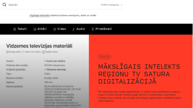 Ekrānšāviņš no platformas digitalabiblioteka.lv ar rakstu par MI izmantošanu TV satura digitalizācijā