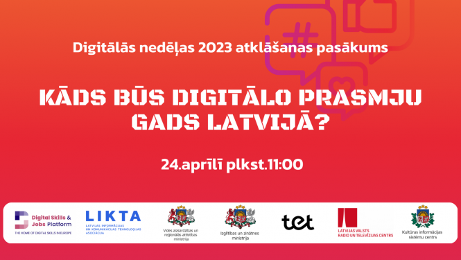 Digitālās nedēļas reklāmas baneris uz oranža fona un nacionālo partneru logotipiem