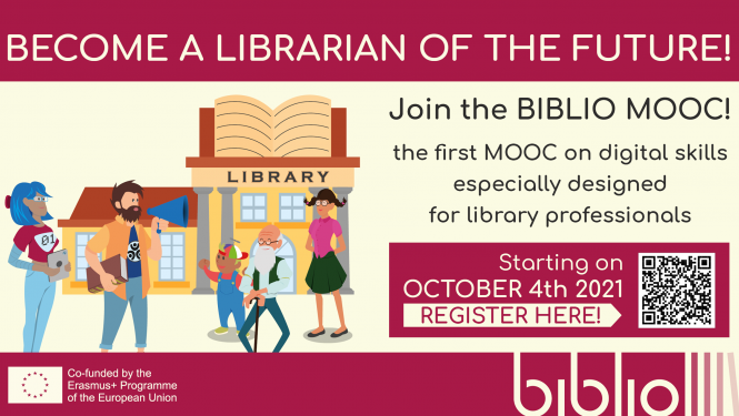 Zīmējums ar bibliotēku fonā un priekšplānā aicinājums ar QR kodu pieteikties MOOC mācībām