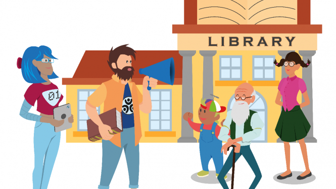 Zīmēts attēls ar bibliotēkas ēku fnā un dažādiem tās apmeklētājiem priekšplānā