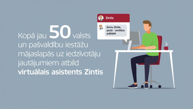 Zīmēts attēls ar cilvēku pie galda un datoru, kurā atveras logs ar virtuālo asistentu