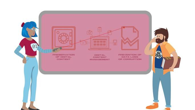 Zīmēts attēls ar diviem cilvēkiem pie digitālās tāfeles