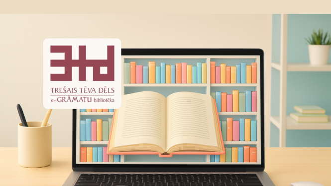 MI ģenerēts attēls ar portatīvā datora ekrānu, kurā redzams plaukts ar grāmatām un 3td.lv logo