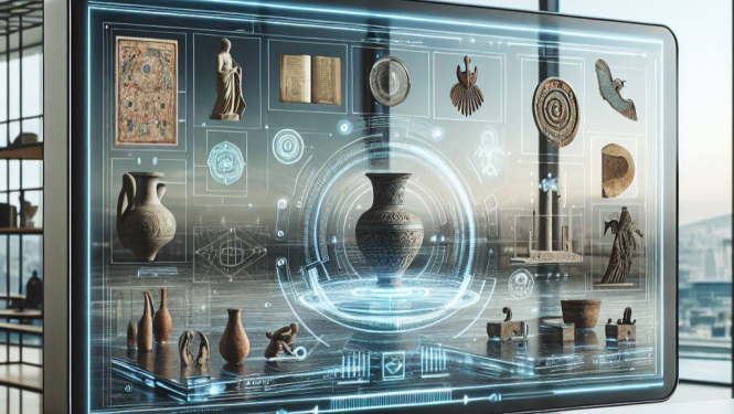 MI ģenerēts attēls ar futūristisku datora ekrānu, kurā redzami digitalizēti muzeju objekti
