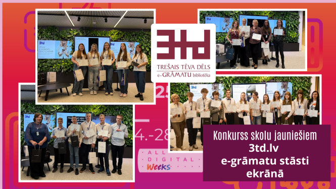 Kolāža ar četru uzvarētāju komandu foto, kurā redzami komandu dalībnieki ar diplomiem