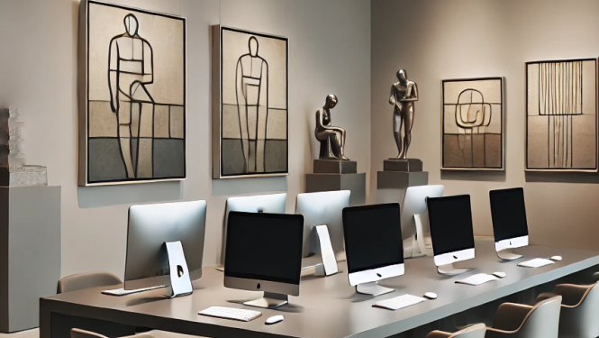 MI ģenerēts attēls ar stilizētu muzeja telpu ar gleznām un galdu, uz kura atrodas vairāki portatīvie datori