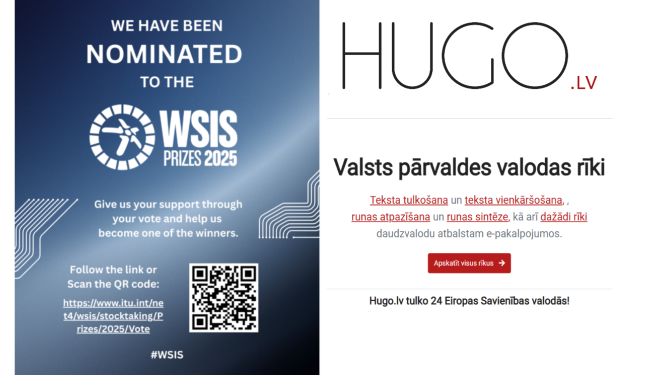 WSIS balvas aicinājums balsot kreisajā pusē un Hugo.lv logo un titullapa labajā pusē