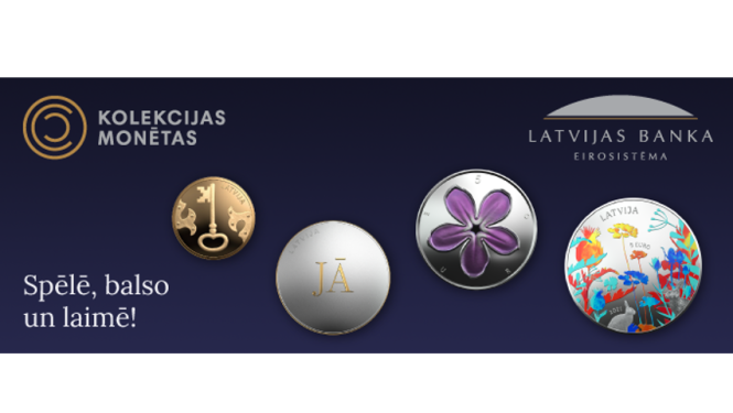 Erudīcijas spēles "Izzini Latvijas monētās iekaltās kultūrzīmes" reklāmas baneris ar monētu attēliem