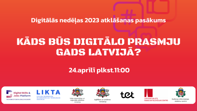 Digitālās nedēļas reklāmas baneris uz oranža fona un nacionālo partneru logotipiem