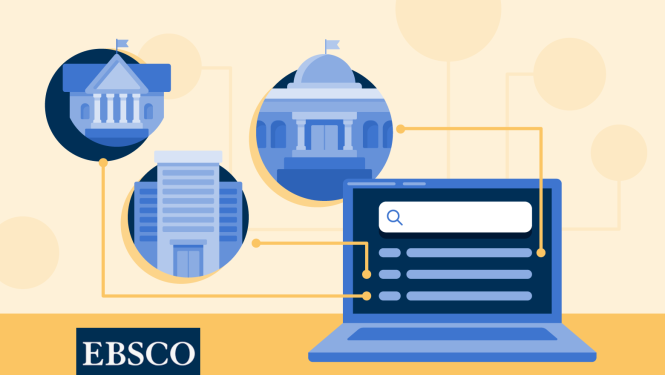 Zīmēts attēls ar atvērtu portatīvo datoru un uzrakstu EBSCO