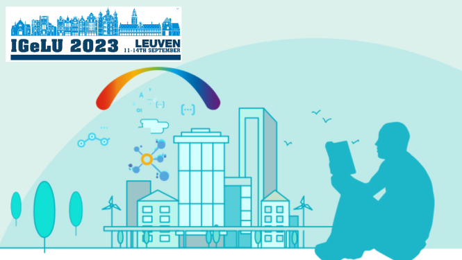 Zīmējums ar sēdoša vīrieša siluetu, kas lasa grāmatu, un daudzstāvu ēkām fonā