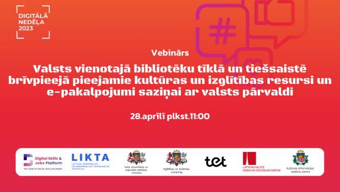 Digitālās nedēļas reklāmas baneris uz oranža fona un KISC vebināra nosaukums