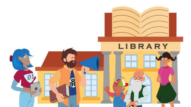 Zīmēts attēls ar bibliotēkas ēku fnā un dažādiem tās apmeklētājiem priekšplānā
