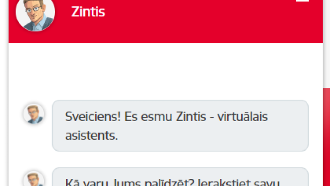 Ekrānšāviņš no sarunas ar virtuālo asistentu ZINTI valsts pārvaldes iestādes tīmekļvietnē