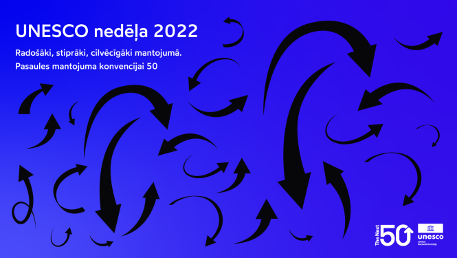 UNESCO nedēļas baneris ar melnām viļņveida bultām uz koši zila fona