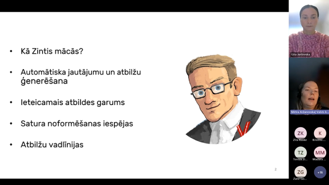 Vebināra prezentācijas skats ar sarunu bota Zinti - ekrānšāviņš