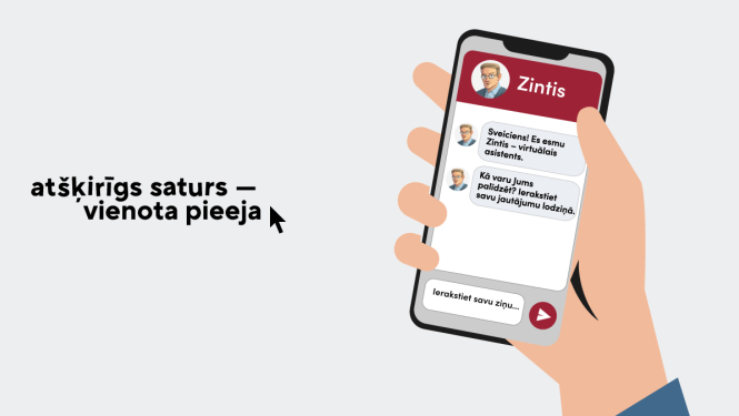 Roka ar viedtālruni, kurā redzams virtuālais asistents Zintis