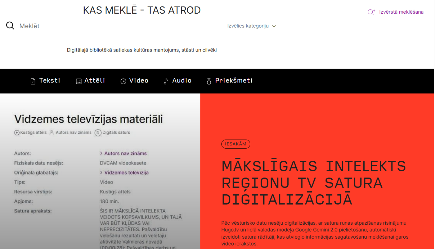 Ekrānšāviņš no platformas digitalabiblioteka.lv ar rakstu par MI izmantošanu TV satura digitalizācijā