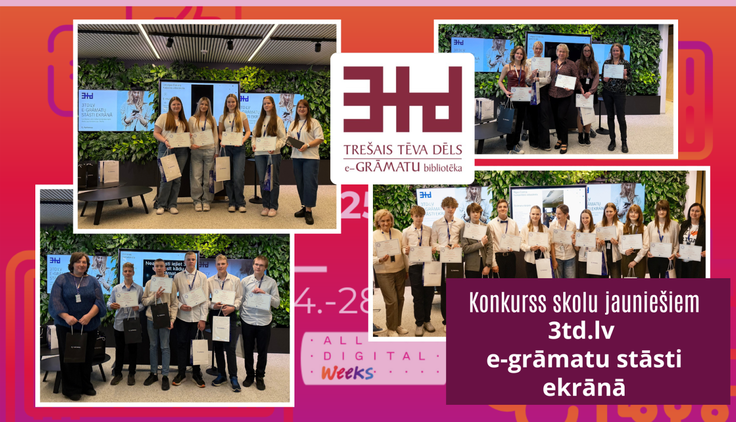 Kolāža ar četru uzvarētāju komandu foto, kurā redzami komandu dalībnieki ar diplomiem