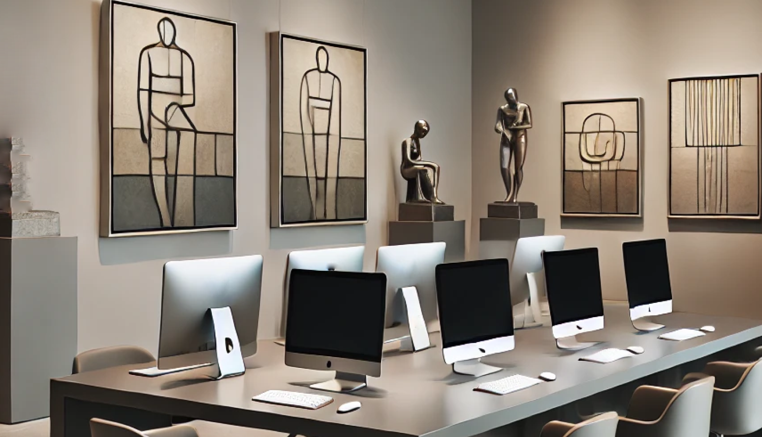 MI ģenerēts attēls ar stilizētu muzeja telpu ar gleznām un galdu, uz kura atrodas vairāki portatīvie datori