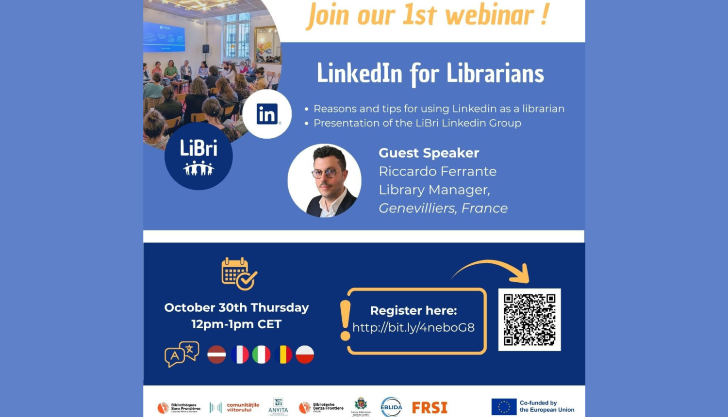 Reklāmas baneris ar lektora portretu un kvadrātkodu, lai pieteiktos vebināram