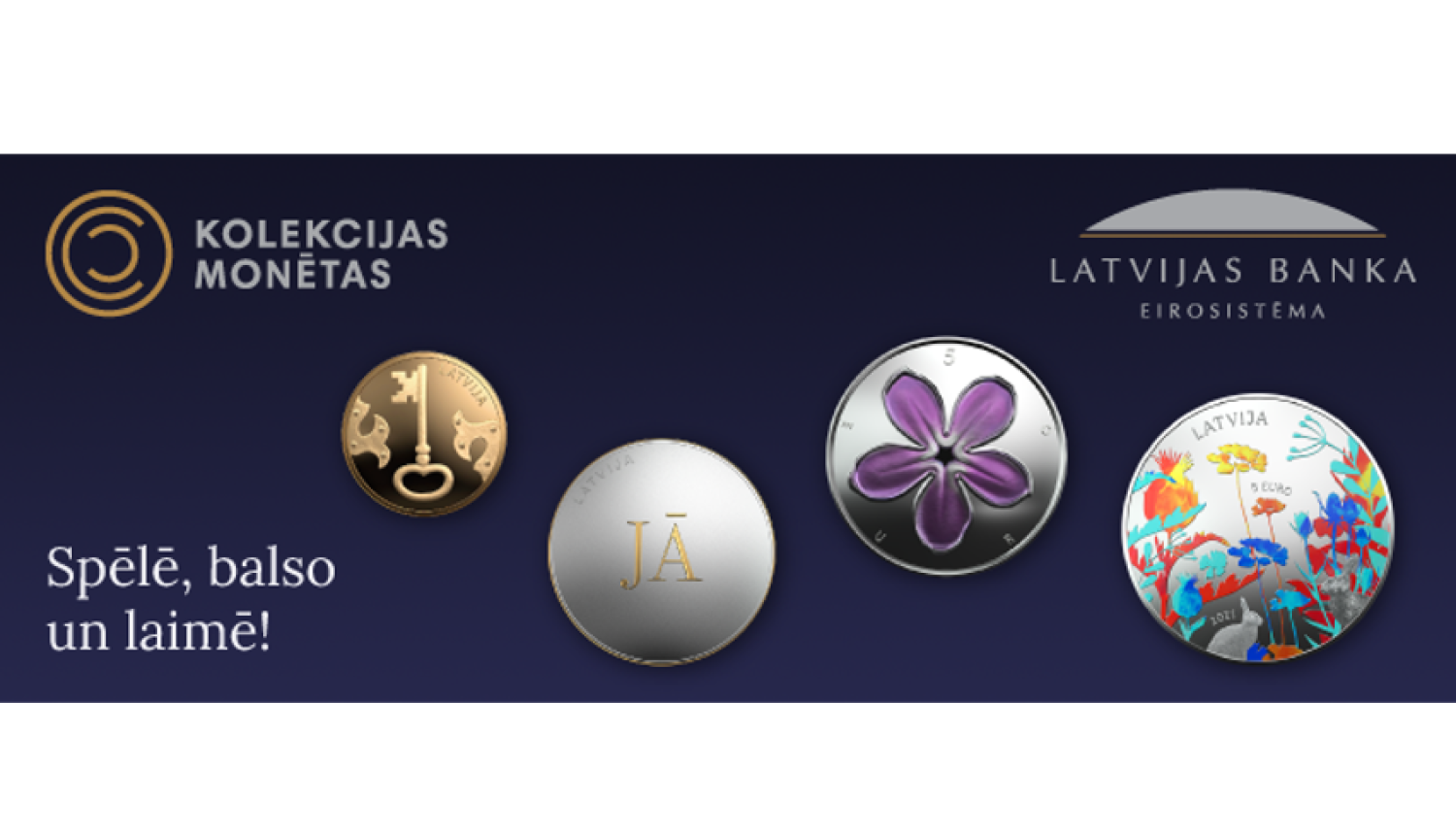 Erudīcijas spēles "Izzini Latvijas monētās iekaltās kultūrzīmes" reklāmas baneris ar monētu attēliem