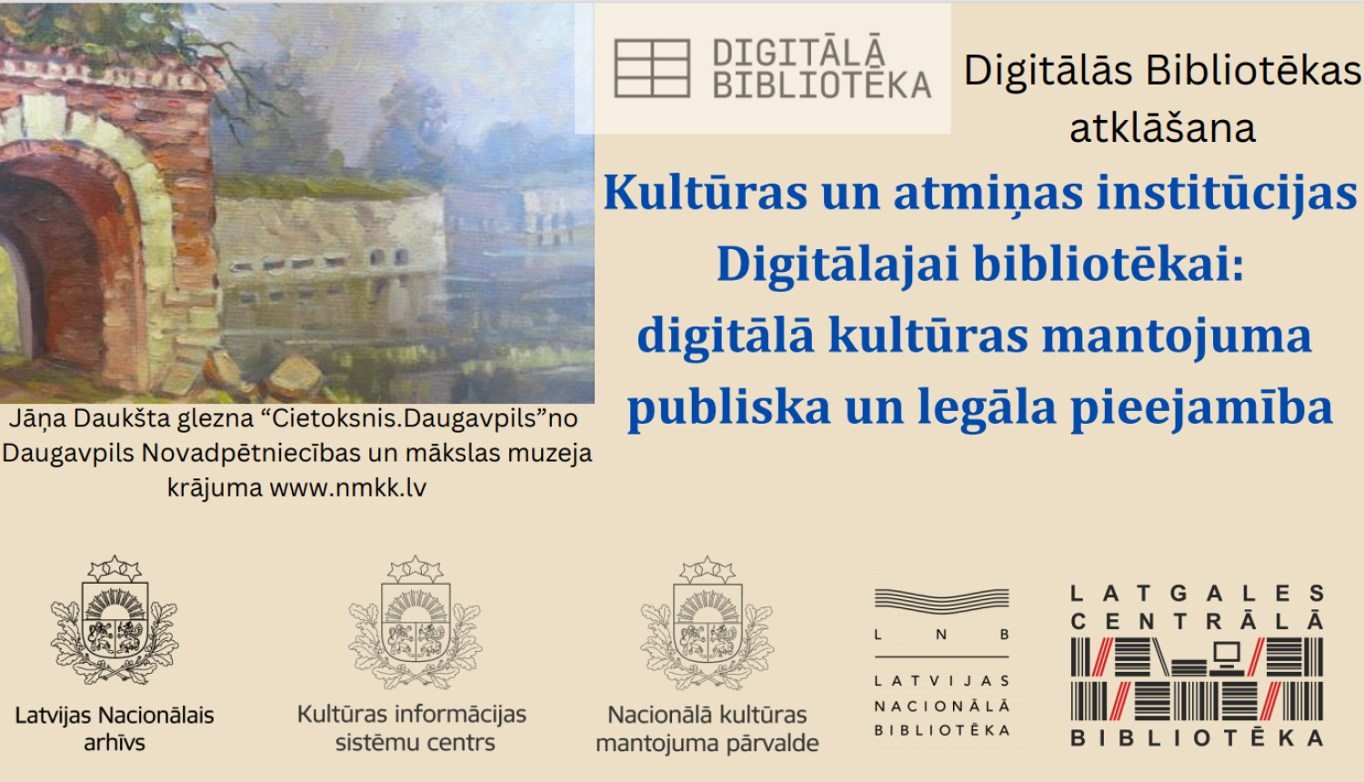 Ielūgums uz pasākumu ar Digitālās bibliotēkas logo un gleznu ar Daugavpils cietoksni