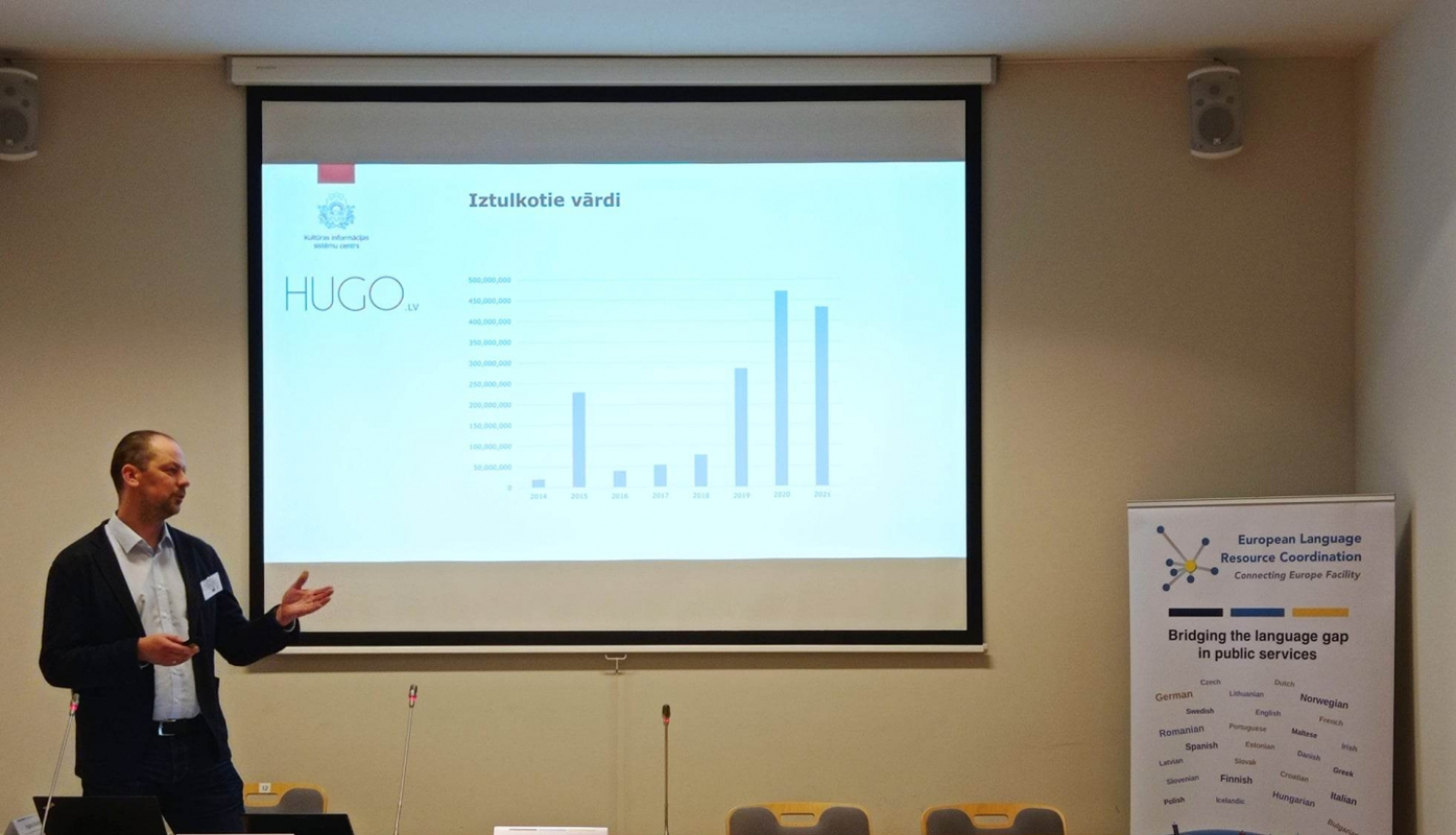 Jānis Ziediņš pie ekrāna prezentē platformas Hugo.lv izmantošanas statistiku