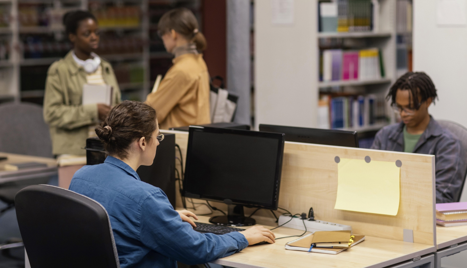 Apmeklētāji bibliotēkā pie datora