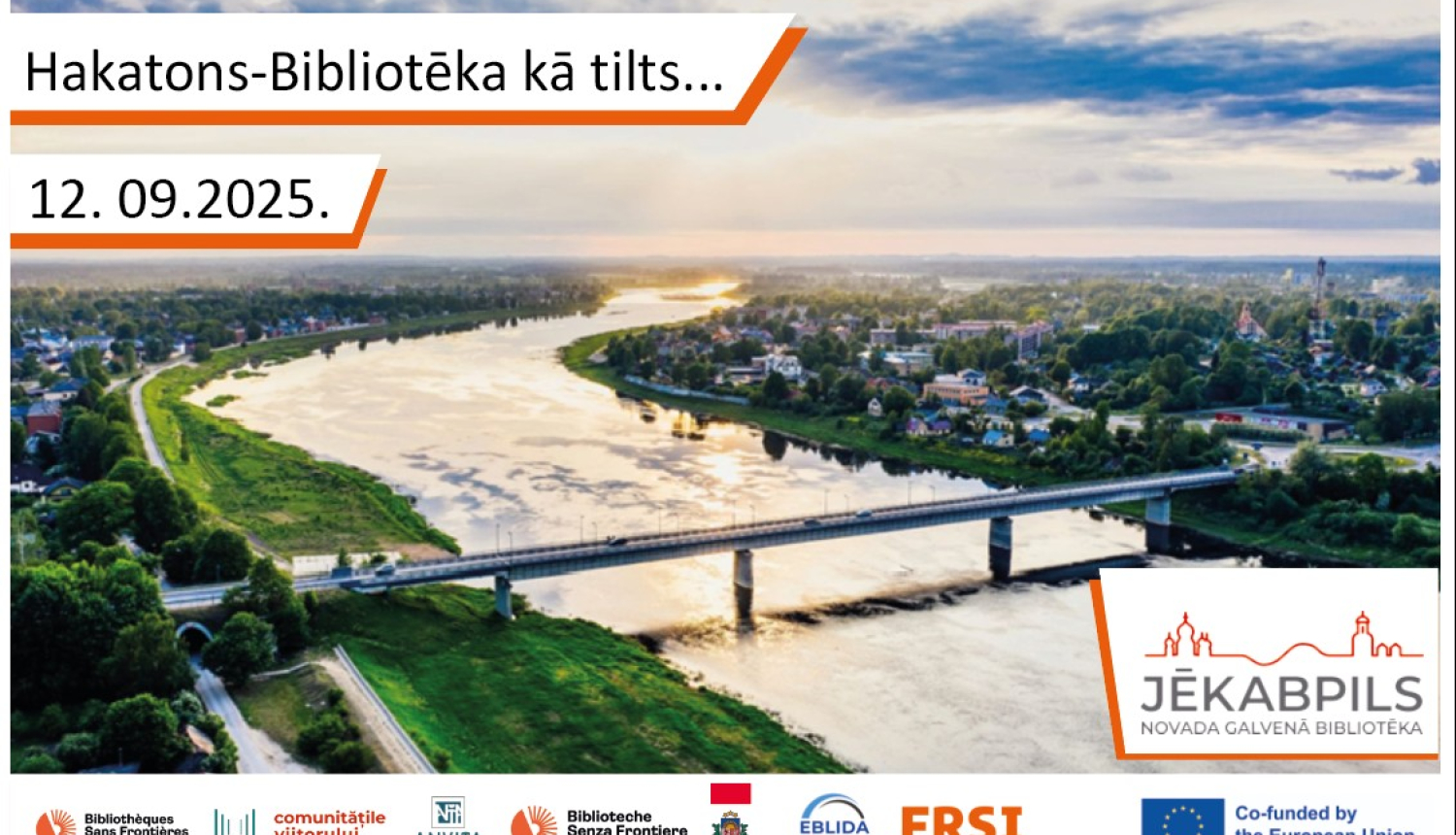 Hakatona plakāts ar panorāmas skatu uz Jēkabpili un projekta partneru logotipiem