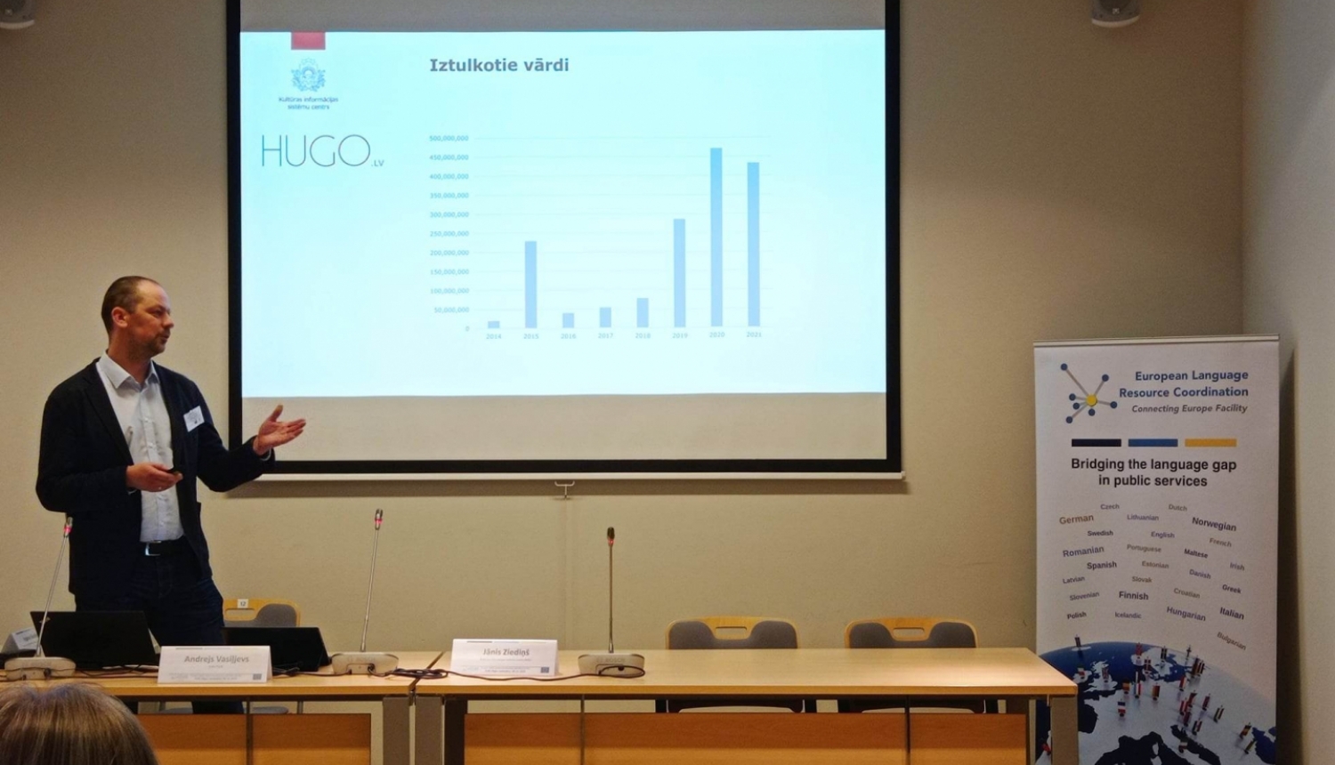 Jānis Ziediņš pie ekrāna prezentē platformas Hugo.lv izmantošanas statistiku
