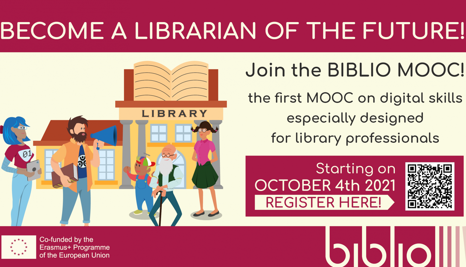 Zīmējums ar bibliotēku fonā un priekšplānā aicinājums ar QR kodu pieteikties MOOC mācībām