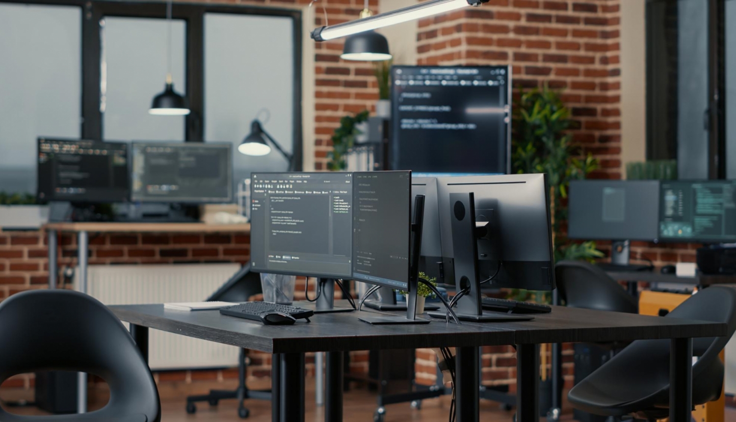 Atvērtais birojs ar datoru monitoriem uz biroja galdiem