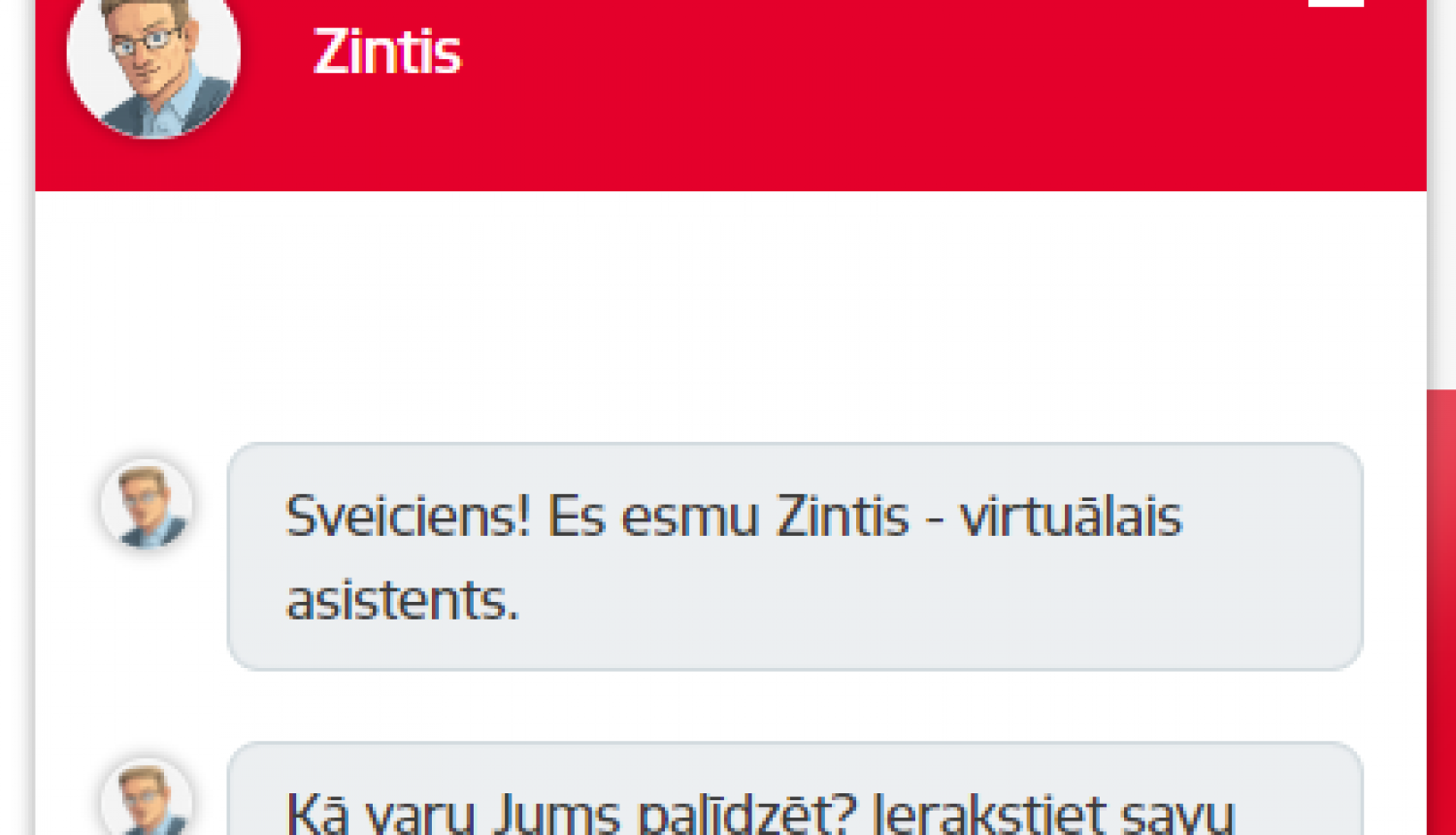 Ekrānšāviņš no sarunas ar virtuālo asistentu ZINTI valsts pārvaldes iestādes tīmekļvietnē